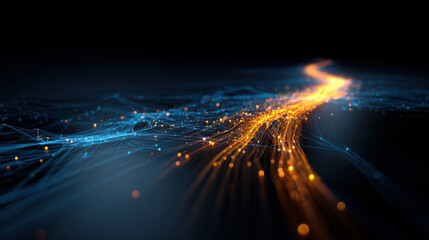 Wall Mural - Vibrant digital landscape featuring flowing lines of blue and orange light, creating sense of movement and energy. This abstract representation evokes feelings of innovation and technology