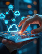 © Viktor - Hand interacts with digital interface showing cloud computing network. Futuristic technology with glowing icons, data streams connects devices. Represents virtual storage, online services, cyber