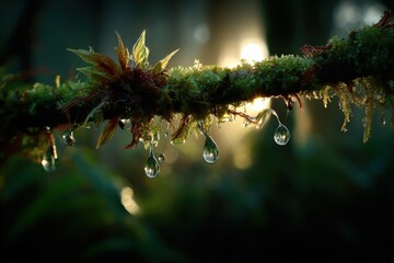 Wall Mural - Mossy Branch with Water Droplets Glistening in the Sunlight: Nature's Beauty and Tranquility Depicted