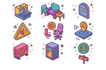 Isometric Factory Icons. Colorful isometric vector icons set of factory layout zones and labels: machine zone, employee rest zone, soundproof area label,