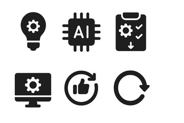 AI Development Icons. Solid, filled icon set of AI development cycle: idea, prototype, testing, deployment, monitoring, update, feedback, iteration. Solid,
