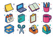 © Coosh448 - Colorful Office Icons. Colorful isometric vector icons set of Flat + 3D Office Supplies: sticky note, laptop with depth, open notebook, pen cup, calendar
