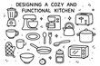 © Svitlana - Cozy Kitchen Doodle Icons. Hand-drawn doodle illustration Designing a cozy and functional kitchen Blender, Mixer, Coffee maker, Toaster, Kettle, Pot, Pan,