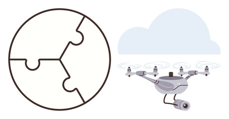 Circular puzzle pieces representing collaboration alongside a surveillance quadcopter equipped with a camera near a cloud. Ideal for technology, security, teamwork, innovation, problem-solving, data