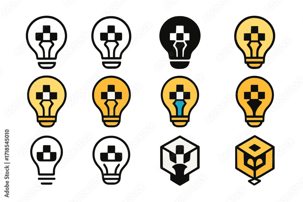Chess Strategy Logos. Set Logo of Chess sections for strategic thinking: Lightbulb with chessboard filament. Logo set in vector style, emblematic variations.