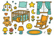 © Svitlana - Nursery Doodle Delight. Colorful Hand-drawn doodle Children illustration Nursery design crib, mobile, teddy bear, blanket, pillow, star, moon, heart, lamp,