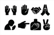 © Coosh448 - Blessing Gesture Icons. Solid, filled icon set of blessing gestures: hands raised, open palm, handshake, prayer pose, head bowing, finger pointing, hand on