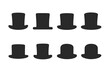 © Coosh448 - Top Hat Icon Set. Solid, filled icon set of top hat styles: curved brim, flat brim, narrow brim, wide brim, tall crown, short crown, tapered crown, rounded