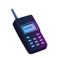 A stylized, three-dimensional illustration of a retro mobile phone with a screen displaying text.
