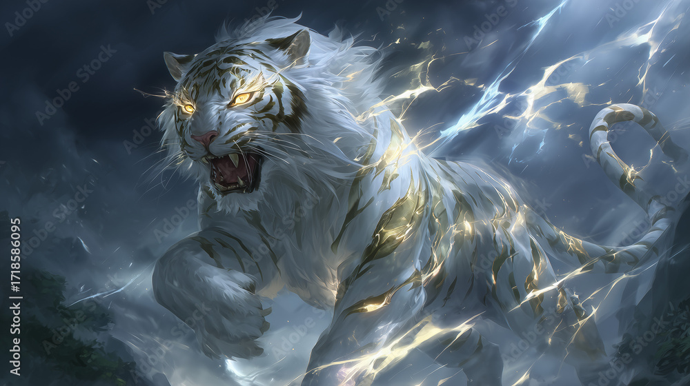 A white tiger, Byakko, roaring with lightning in a storm, Anime