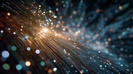 Wall Mural - Illuminating Fiber Optics: A macro perspective unveils the intricate beauty of fiber optic cables, where light pulses transmit data, showcasing the marvel of modern technological communication.