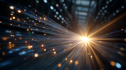 Wall Mural - Digital Luminosity: A network of glowing fiber optics surges with radiant energy. Illuminating a vibrant future with a luminous beam.