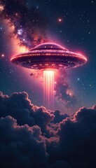 Wall Mural - A mysterious, glowing UFO hovers over the swirling Andromeda galaxy, a breathtaking cosmic encounter Intriguing alien technology meets distant celestial wonders , wonder, night sky