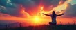 © Sathaporn Buarabut - Silhouette of a lone figure kneeling at sunrise, arms outstretched towards a vibrant, colorful sky; conveying hope, peace, and spiritual awakening , journey, colorful