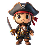 Cartoon pirate character, holding a sword, wearing a captain's hat and bandana