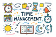 © Настя Шевчук - Time Management Doodles. Time Management. Colorful Hand-drawn doodle Children illustration Time Management clock, calendar,