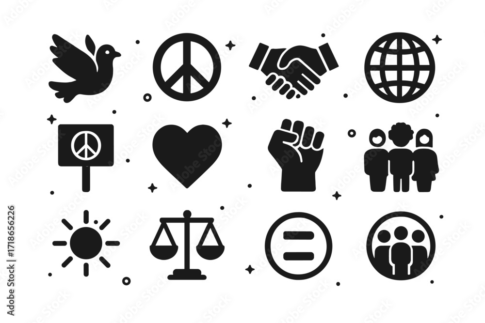 Peace Unity Sign Symbols of Unity. Peace. Solid icons set of dove, olive branch, peace ...