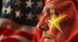 © George - Close-up profile of a person with a five-pointed star on their face against a blurred background of stars and stripes