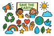 © Alina Sukach - Colorful Environmental Activism Doodles. Colorful Hand-drawn doodle Children illustration Environmental Activism [megaphone, banner, recycling symbol, tree,