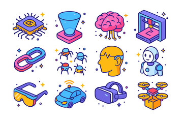 Tech Breakthroughs Icons. Colorful isometric vector icons set of Tech breakthroughs: quantum chip, hologram display, AI brain, 3D printer, blockchain chain,