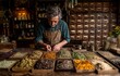 © tongpatong - In a herbal pharmacy, a man is standing with wooden drawers in the backdrop, sorting dried herbs on a table covered with different stacks of traditional medicinal plants.