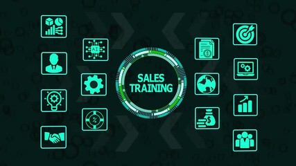 Sales Training Concept with Modern Business Icons on Blue Glowing Background – Professional Growth, Strategy, Learning and Corporate Success.