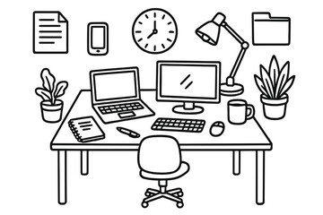 Workspace Desk Doodle. Hand-drawn doodle illustration Professional workspace desk setup [desk, chair, laptop, monitor, keyboard, mouse, notebook, pen, coffee