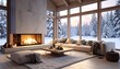© Karepmu - Cozy winter cabin living room with fireplace and snowy forest view