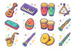© Viacheslav - Cheerful Music Icons. Colorful isometric vector icons set of cheerful musical instruments: bright ukulele, glittery keyboard, colorful congas, triangle with
