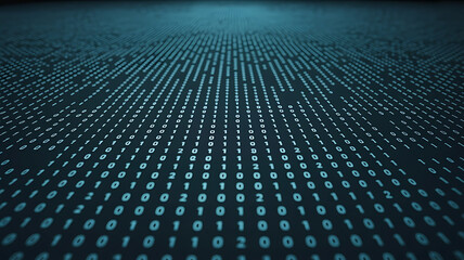 A vast digital landscape of glowing blue binary code streaming across a futuristic dataspace