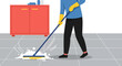© Naima - Person mopping tiled floor with cleaning supplies, close-up view, showing soapy water and a red cabinet in the background, conveying a clean and fresh mood.