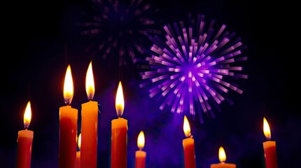 Wall Mural - Warm candle lights blend with deep ultraviolet hues, presenting fireworks in the night sky with vivid purples, high contrast.