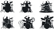 © Rafin's World - Silhouette drummer playing drums, rock band musician, percussion performance art, live concert energy, music beats illustration, artistic rhythm black design