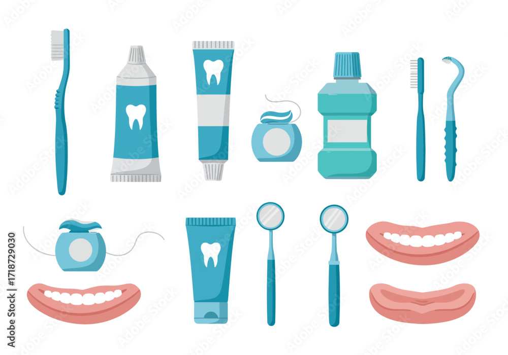 Dental hygiene tools shown with toothpaste floss mouthwash mirrors ...