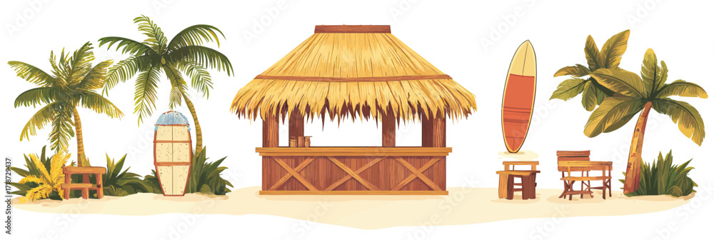 Tropical beach tiki bar with bamboo hut straw roof palm trees ...