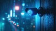 © wilson - Outdoor security camera mounted on wall during rainy night with city lights blurred in background, concept of system failure with explosion and blue surveillance during stormy weather