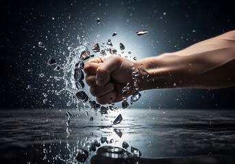 A powerful fist shatters a transparent barrier in a dramatic display of force and impact.