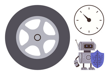 Robotic figure holding shield with binary code, tire symbolizing movement, and clock for time. Ideal for automation, cybersecurity, speed, innovation, robotics AI technology. Simple flat metaphor