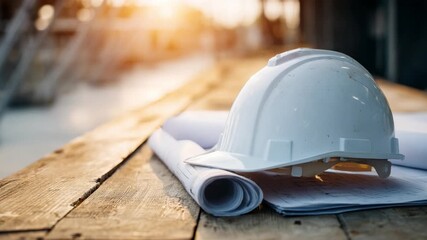 Construction Blueprint and Safety Helmet: A close-up shot showcases a rolled-up blueprint and a pristine safety helmet resting on a weathered wooden surface, illuminated by the warm glow of sunlight.