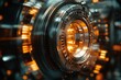 © wilson - Close-up of an opened bank vault door with glowing lights and metallic symmetrical composition highlighting gears and mechanical elements, capturing industrial elegance and security