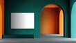 © GASTAN ALVARENDRA ST - A modern, minimalist interior display showcasing a blank poster in a vibrant teal and orange space with archways.