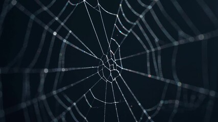 Close-up of a spiderweb with intricate patterns against a dark background, showcasing its delicate structure and design.