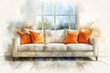© Her - A painted depiction of a light beige sofa with orange accent pillows in a room with a window, showcasing a serene and cozy ambiance.
