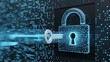 © Design Stock - Digital padlock with a glowing key entering the lock against a background of binary code and circuit board patterns symbolizing cybersecurity and data protection
