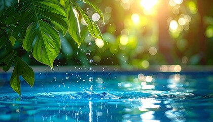 Wall Mural - Lush green palm leaves glistened with water droplets under the summer sun, reflecting against the blue sky