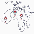 © Madical - Stylized world map outline showing africa with three red and white location pins connected by a dashed line indicating a route or journey across the continent
