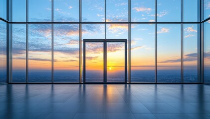Wall Mural - Modern Office Interior with Panoramic Sunset View Through Floor-to-Ceiling Windows