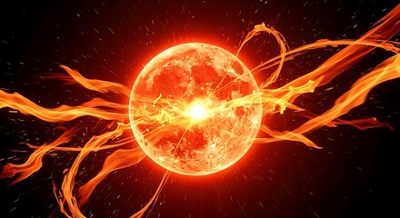 Exploding fiery sun with cosmic flares and bright energy bursts illuminating dark space, a powerful celestial event captured in stunning detail for scientific and abstract concepts.
