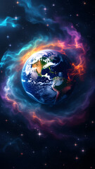 a vibrant earth surrounded by colorful nebula clouds and twinkling stars in the dark expanse of spac