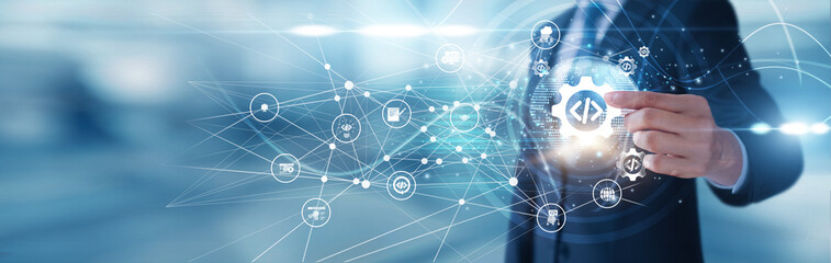Software Development programmer holding a code editor Software Development icon application design enabling innovation supporting system solutions enhancing performance empowering industries.